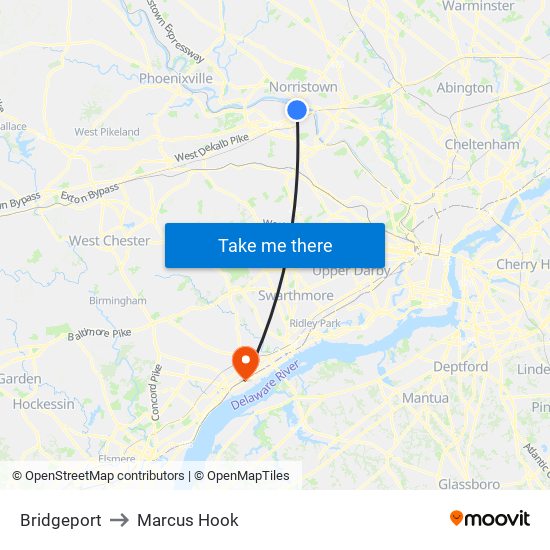 Bridgeport to Marcus Hook map