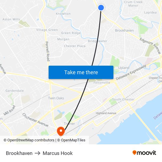 Brookhaven to Marcus Hook map
