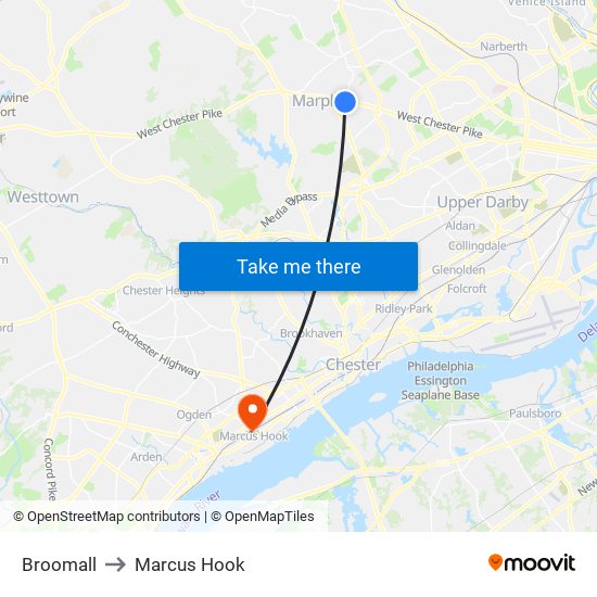 Broomall to Marcus Hook map