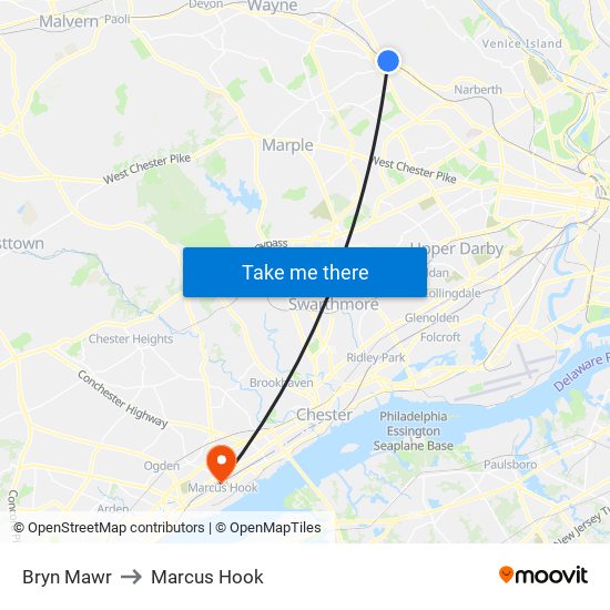 Bryn Mawr to Marcus Hook map