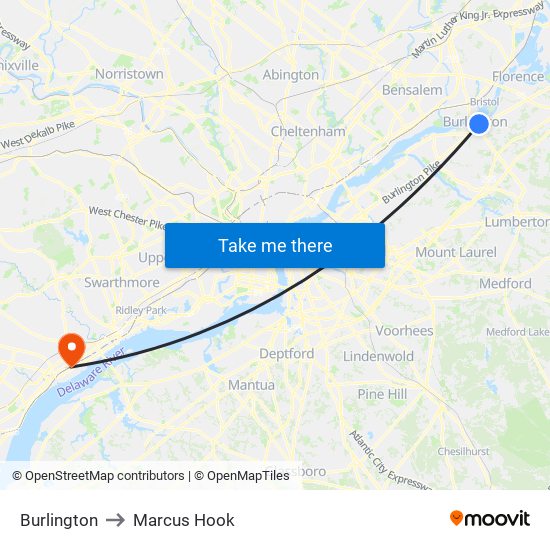 Burlington to Marcus Hook map