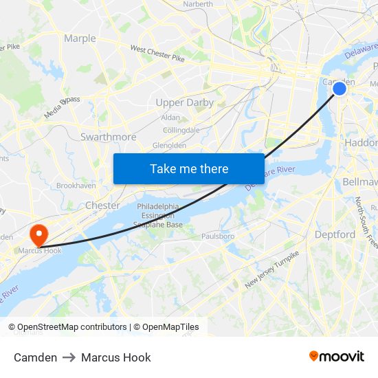 Camden to Marcus Hook map