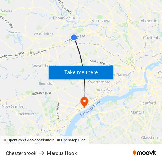 Chesterbrook to Marcus Hook map