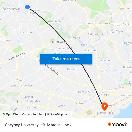 Cheyney University to Marcus Hook map