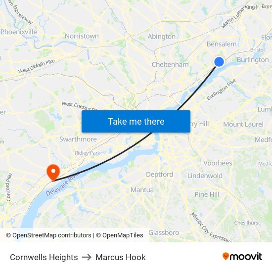 Cornwells Heights to Marcus Hook map