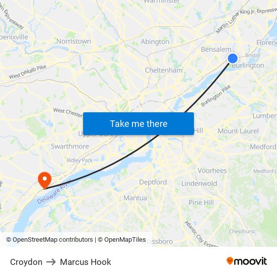 Croydon to Marcus Hook map