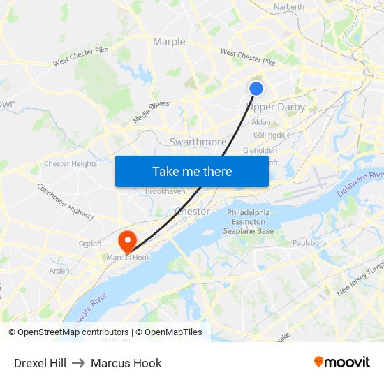 Drexel Hill to Marcus Hook map