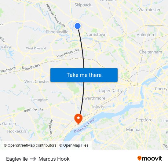 Eagleville to Marcus Hook map