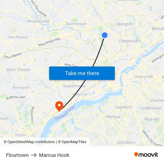 Flourtown to Marcus Hook map