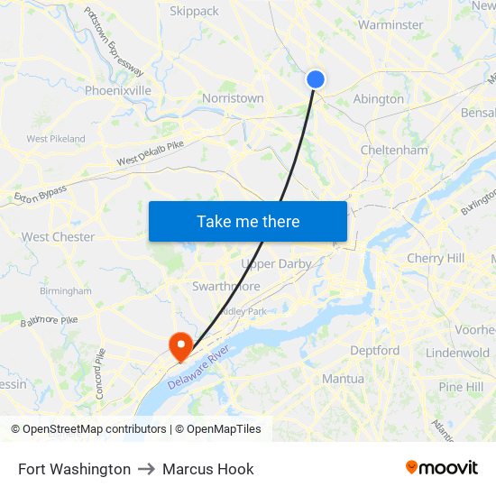 Fort Washington to Marcus Hook map