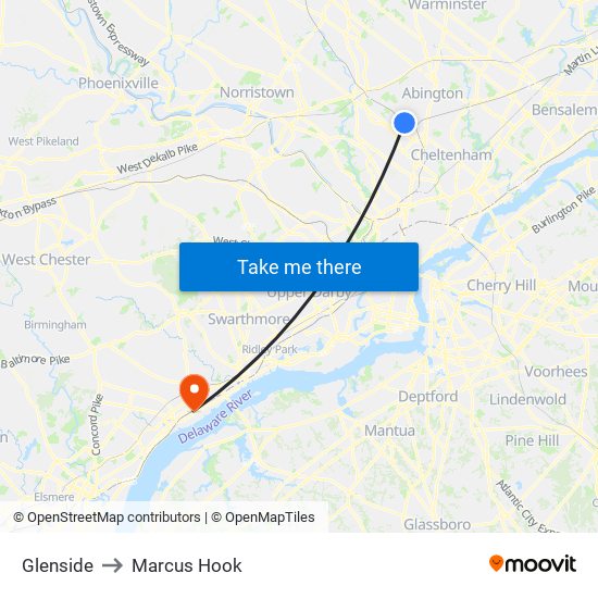 Glenside to Marcus Hook map