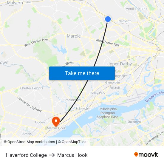 Haverford College to Marcus Hook map