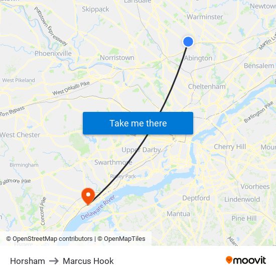 Horsham to Marcus Hook map