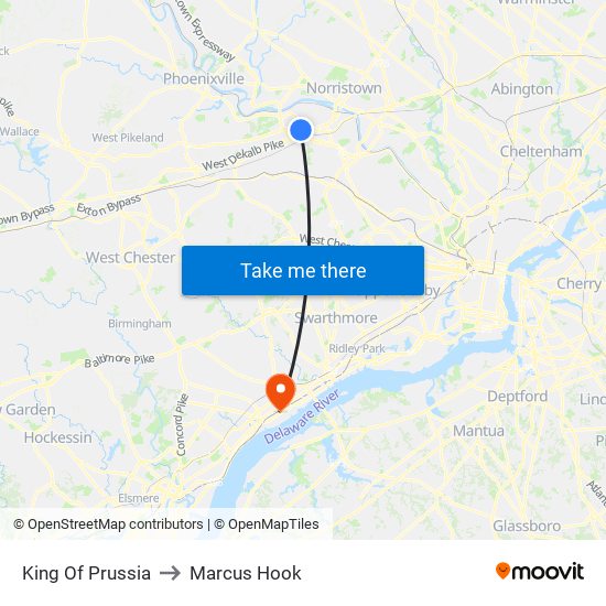 King Of Prussia to Marcus Hook map