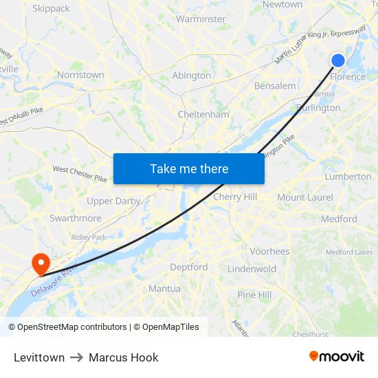 Levittown to Marcus Hook map