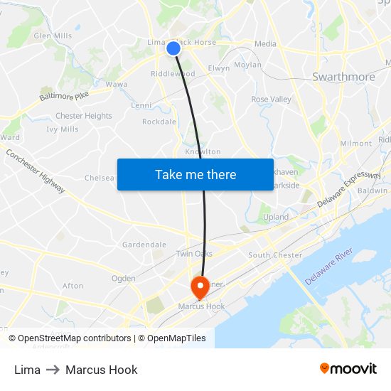 Lima to Marcus Hook map