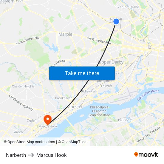 Narberth to Marcus Hook map