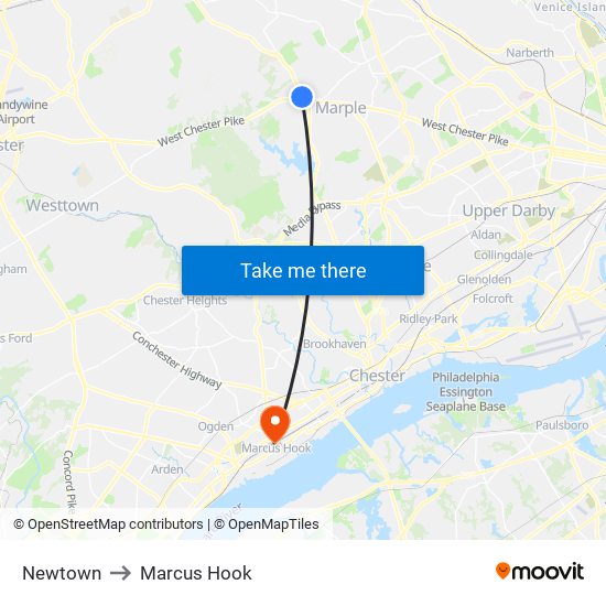 Newtown to Marcus Hook map