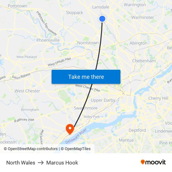 North Wales to Marcus Hook map