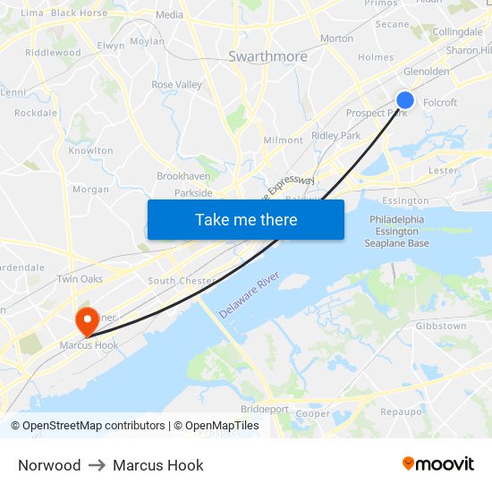 Norwood to Marcus Hook map