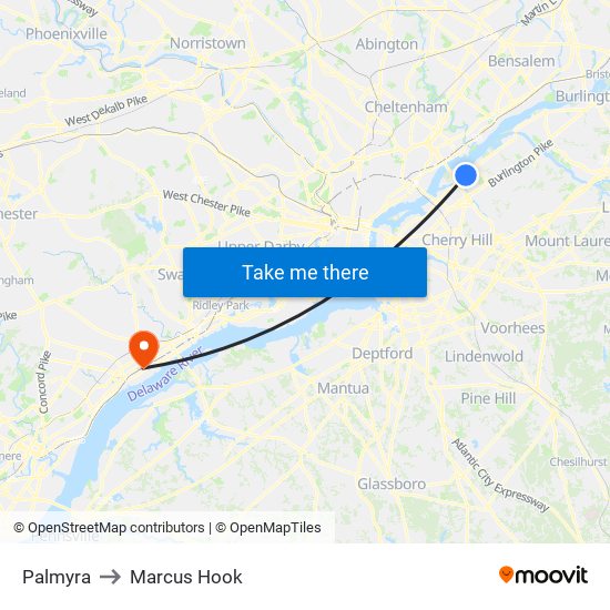 Palmyra to Marcus Hook map