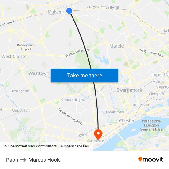 Paoli to Marcus Hook map