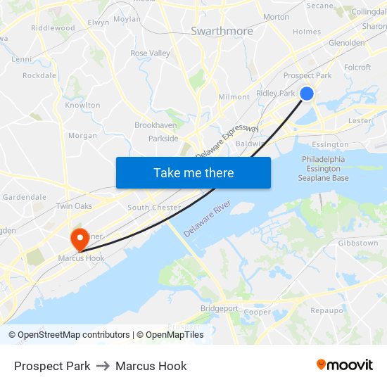 Prospect Park to Marcus Hook map