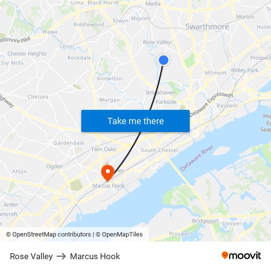 Rose Valley to Marcus Hook map