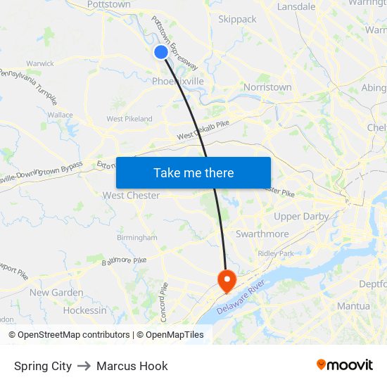 Spring City to Marcus Hook map