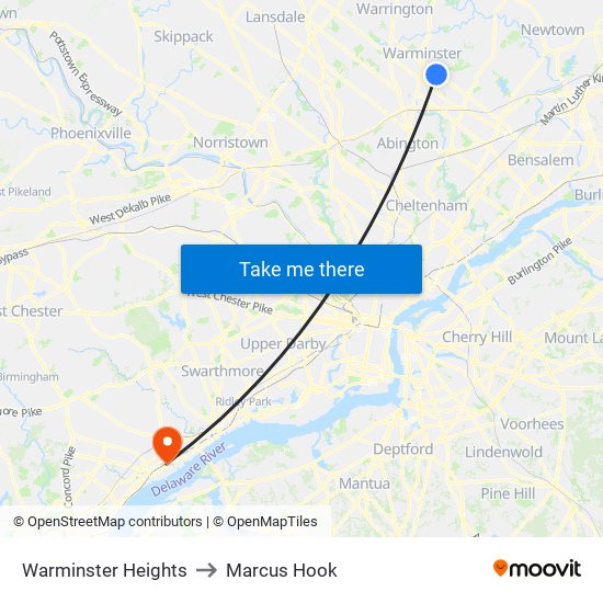 Warminster Heights to Marcus Hook map