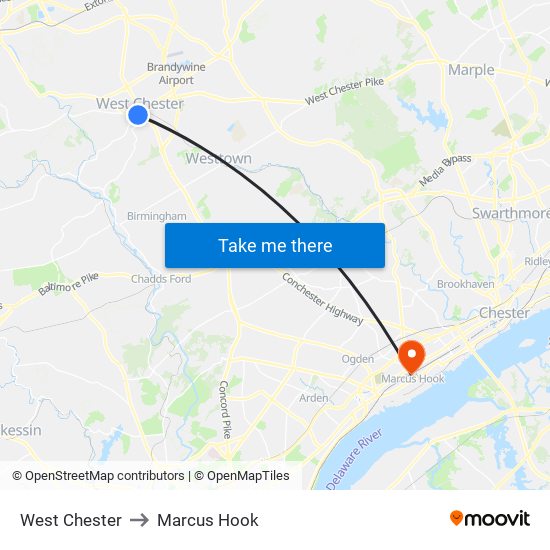 West Chester to Marcus Hook map