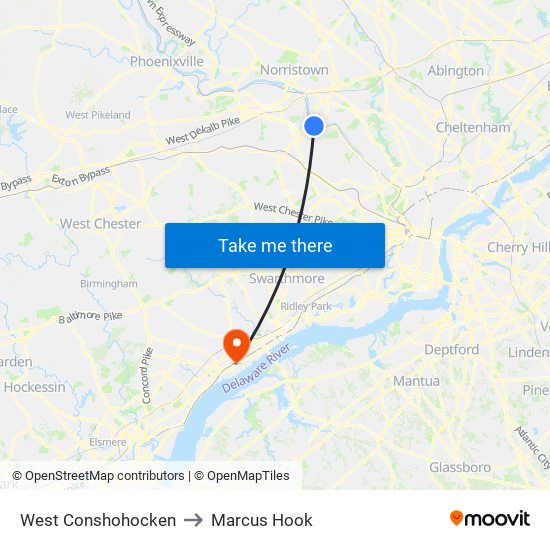 West Conshohocken to Marcus Hook map