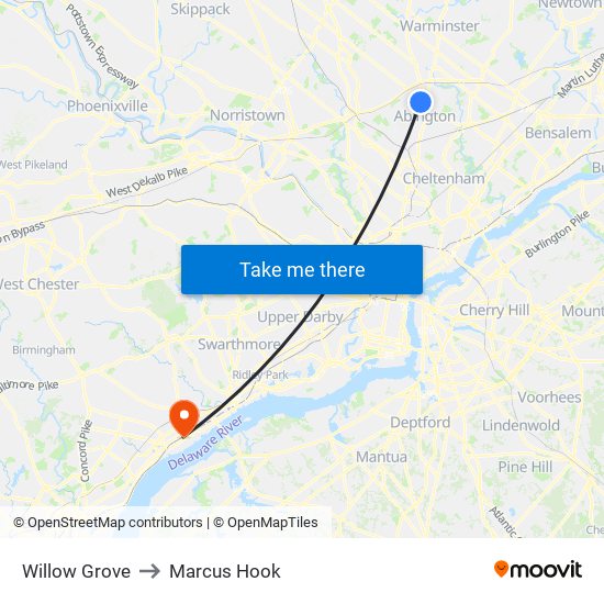 Willow Grove to Marcus Hook map