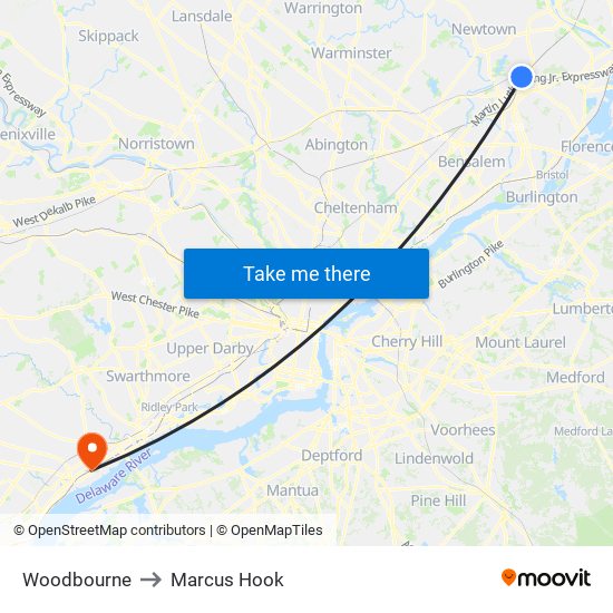 Woodbourne to Marcus Hook map