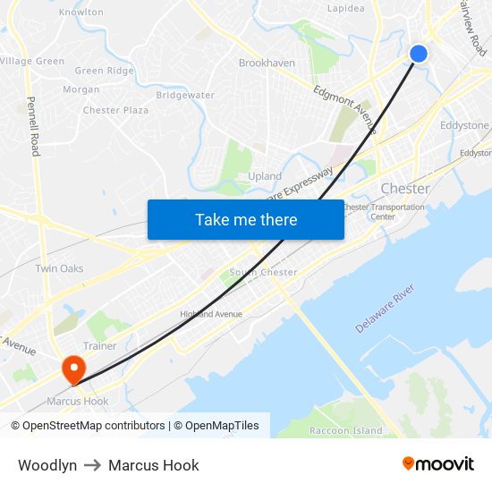 Woodlyn to Marcus Hook map