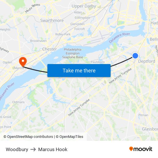 Woodbury to Marcus Hook map