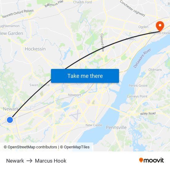 Newark to Marcus Hook map