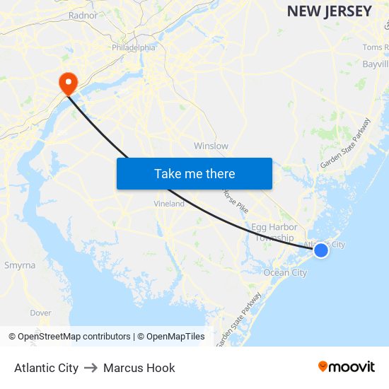 Atlantic City to Marcus Hook map