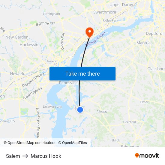 Salem to Marcus Hook map