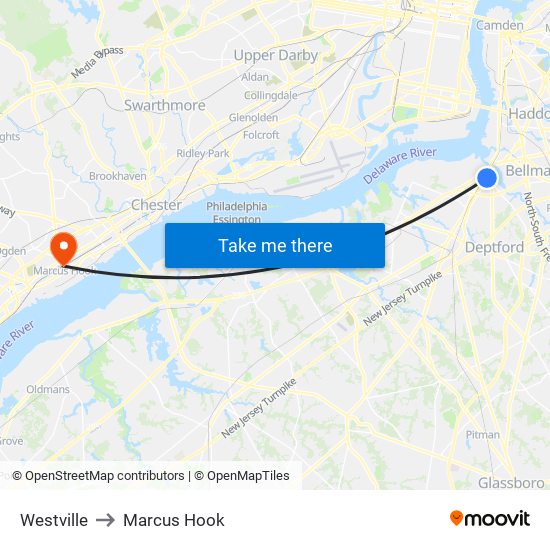 Westville to Marcus Hook map