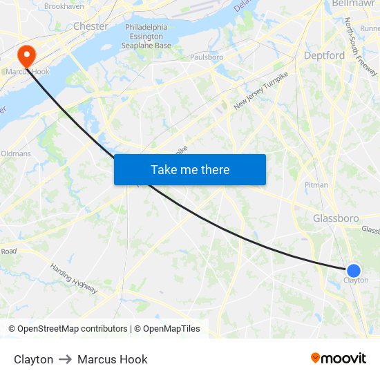 Clayton to Marcus Hook map