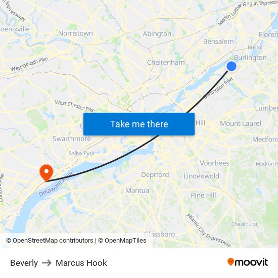 Beverly to Marcus Hook map