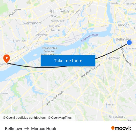 Bellmawr to Marcus Hook map