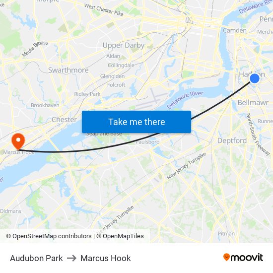 Audubon Park to Marcus Hook map