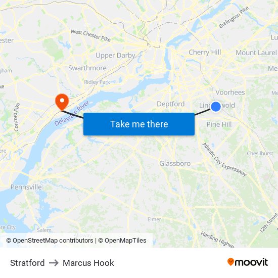 Stratford to Marcus Hook map