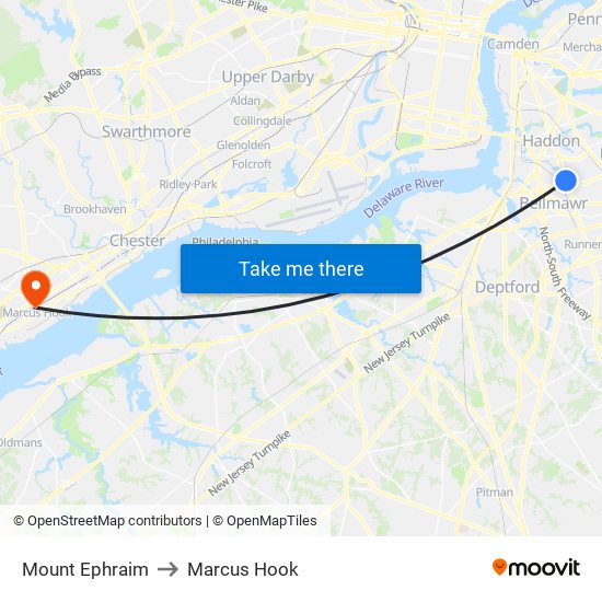 Mount Ephraim to Marcus Hook map