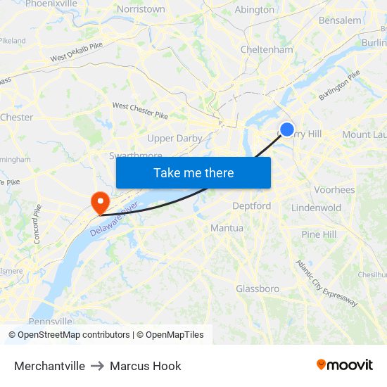 Merchantville to Marcus Hook map