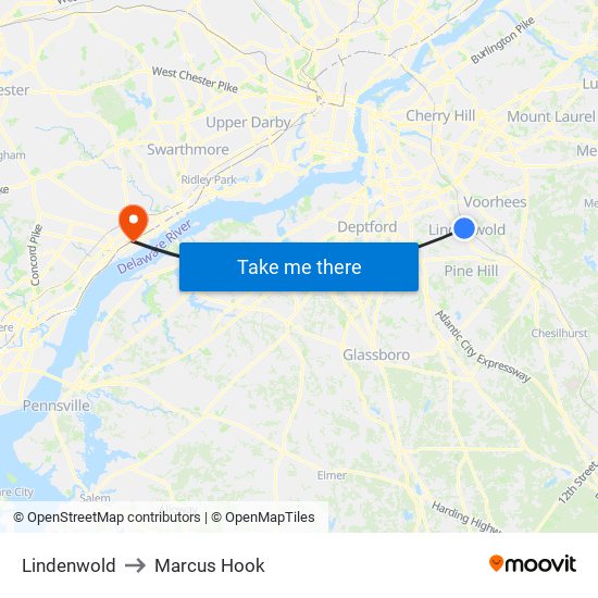 Lindenwold to Marcus Hook map