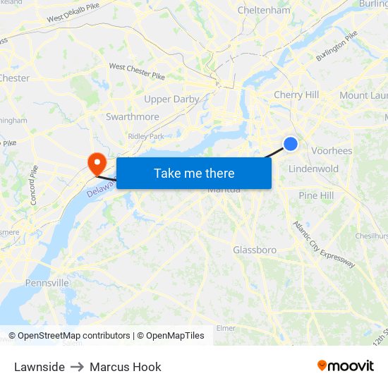 Lawnside to Marcus Hook map