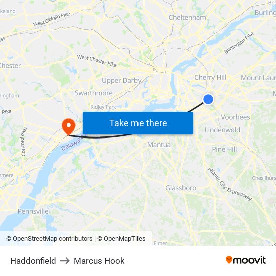 Haddonfield to Marcus Hook map